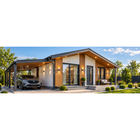 Casă modulară Dadi Family cu 2 dormitoare, terasă și copertină auto A-1